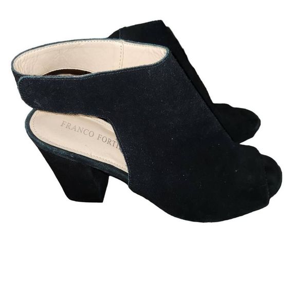 Franco Fortini Black Lisa Genuine Suede Peep Toe Block Heels Size 10 - Picture 1 of 10